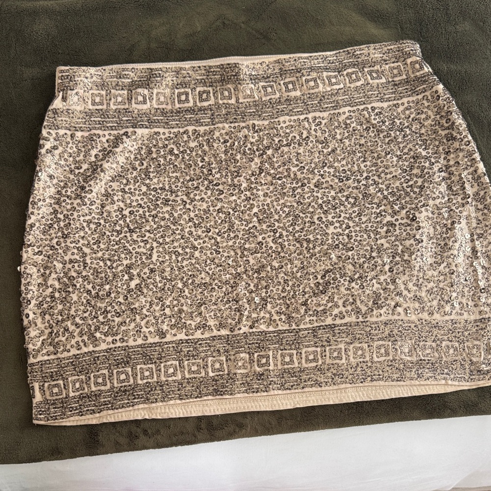 Express Cream and Silver Sequin Mini Skirt